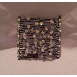 Vintage Beaded Hair Comb With Crystals & Faux Pearls Black Metal Double Comb